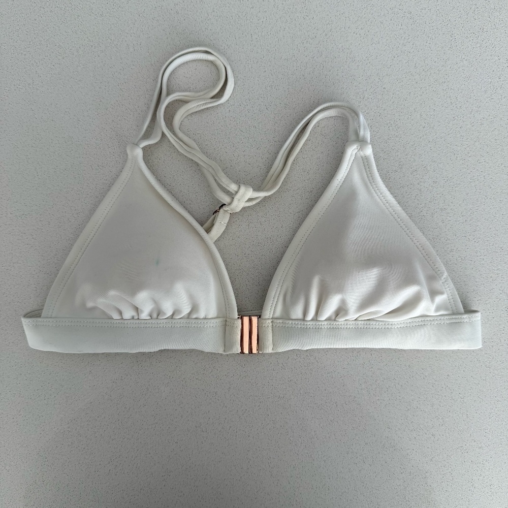 White Halter Bathing Suit Top Front Gold Clasp